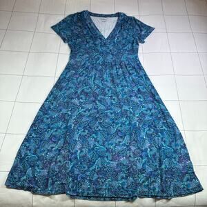 L.L. Bean Dress Womens Medium Teal Blue Paisley Summer Knit Short Sleeve V Neck